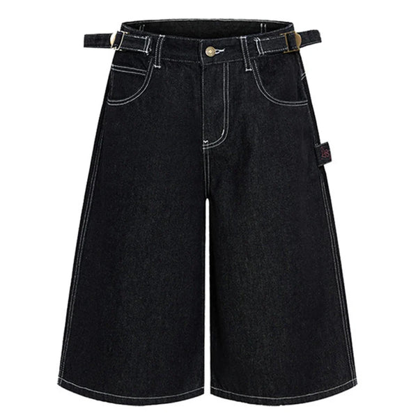 Mens Wide Leg Denim Carpenter Shorts Jorts — vista frontale
