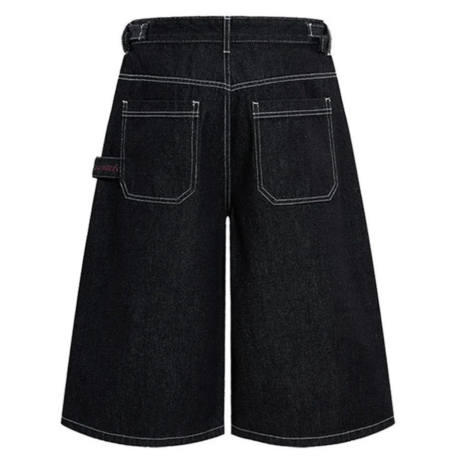 Mens Wide Leg Denim Carpenter Shorts Jorts — vista laterale