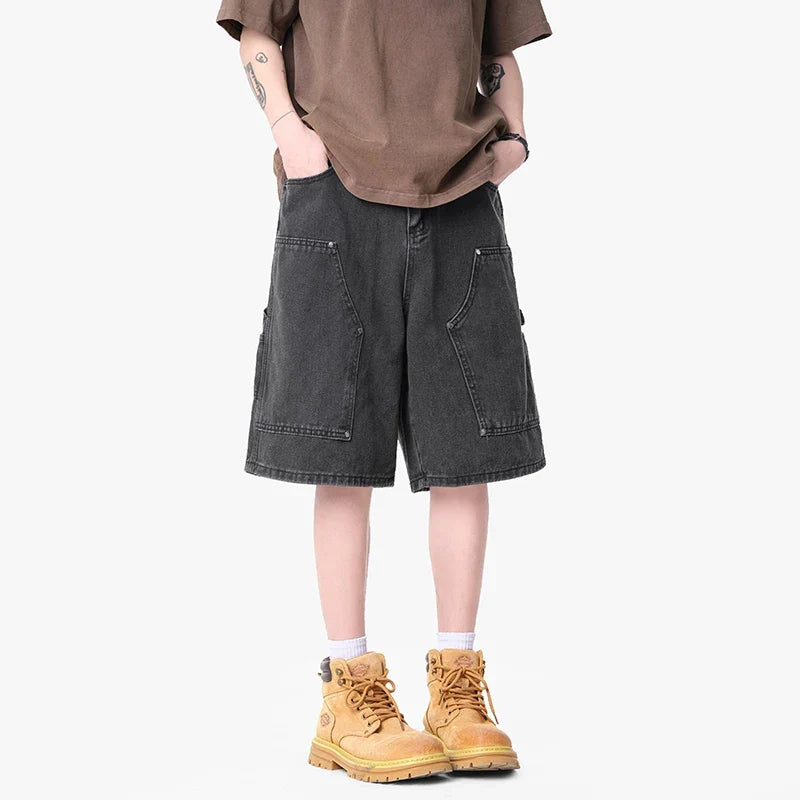 Mens Workwear Cargo Denim Shorts Jorts — vista frontale