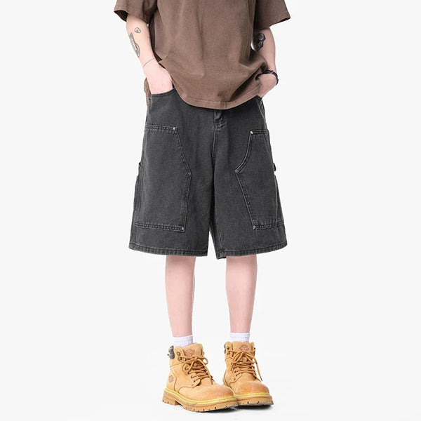 Mens Workwear Cargo Denim Shorts Jorts — vista frontale