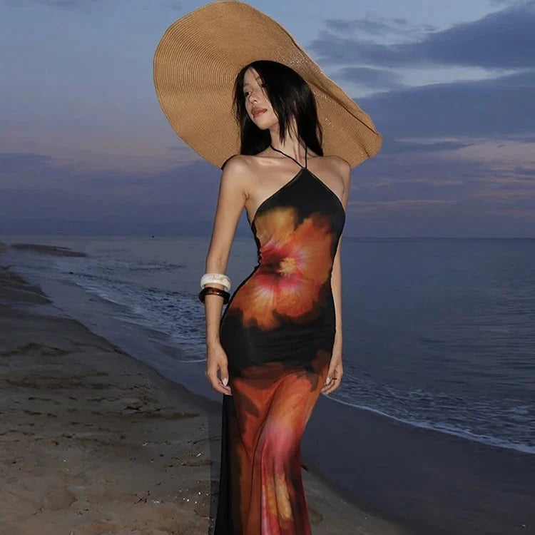 Mesh Flower Print Halter Sleeveless Maxi Dress — vista posteriore