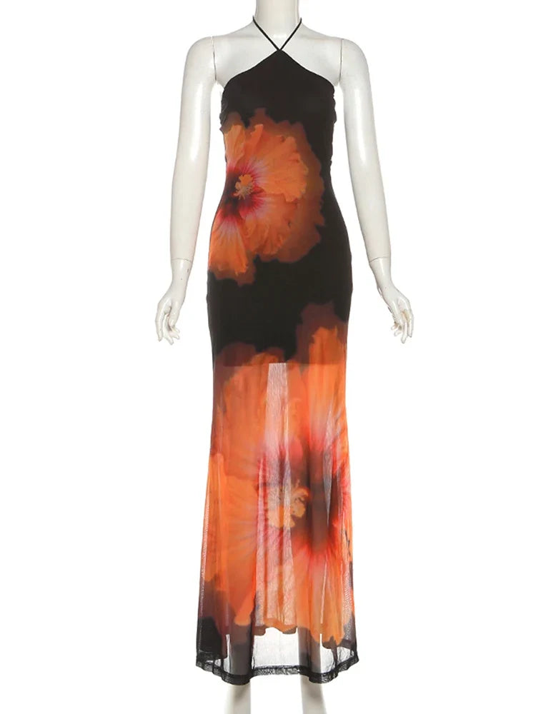 Mesh Flower Print Halter Sleeveless Maxi Dress — dettaglio della stampa