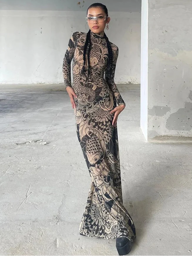 Mesh Print Turtleneck Bodycon Maxi Dress — dettaglio della stampa
