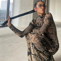 Mesh Print Turtleneck Bodycon Maxi Dress — vista posteriore