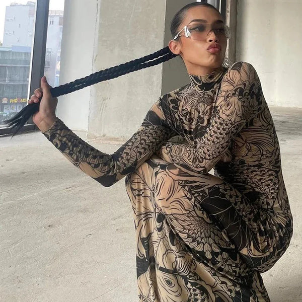Y2K Mesh Print Turtleneck Bodycon Maxi Dress