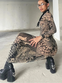 Mesh Print Turtleneck Bodycon Maxi Dress — dettaglio