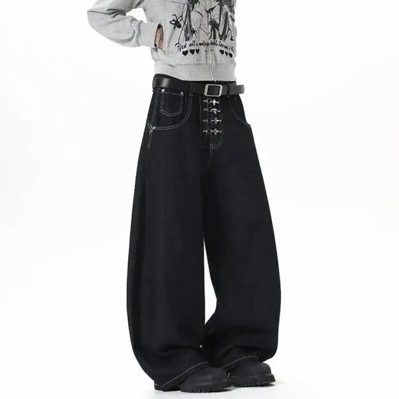 Metal Buckle Zip Wide Leg Jeans — dettaglio