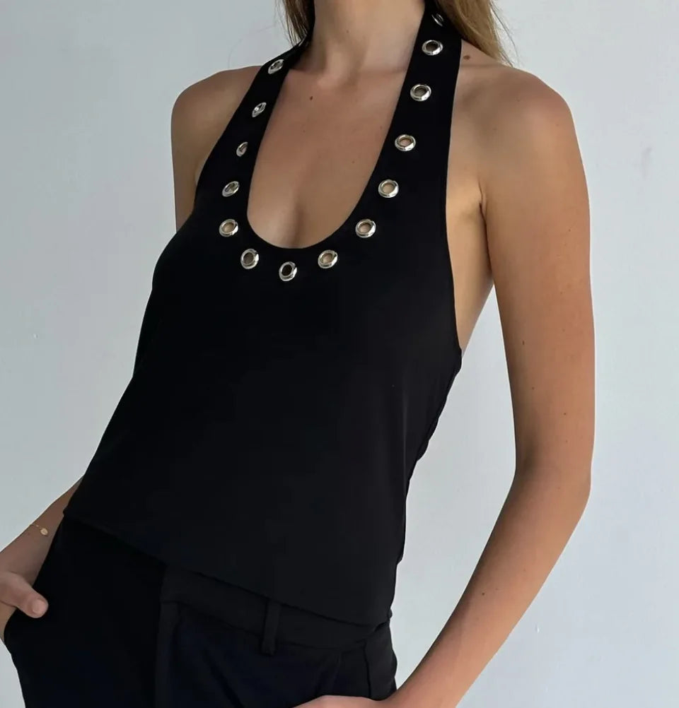 Metal Hollow Halter Tank Top — vista frontale