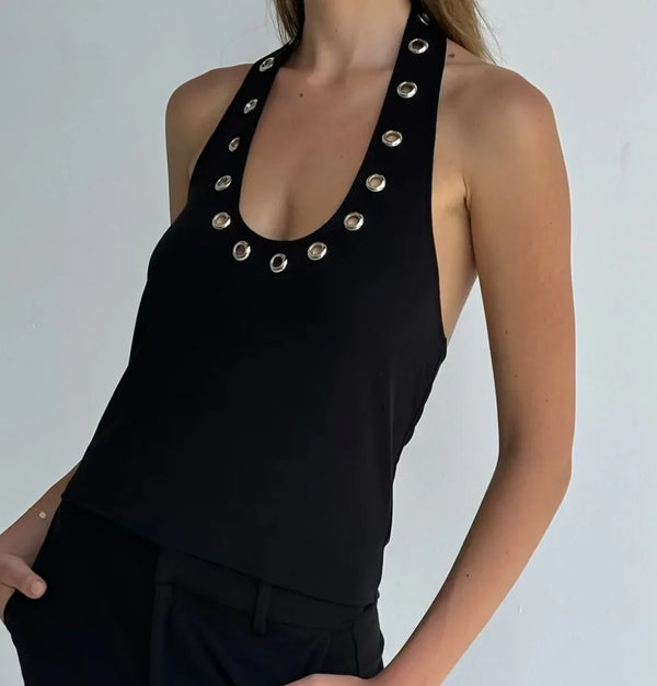 Metal Hollow Halter Tank Top — vista frontale