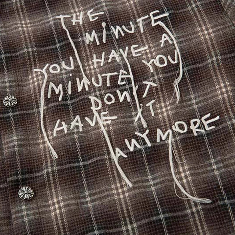 "Minutes" Plaid Mock Two Piece Long Sleeve Button Up Shirt Top — vista laterale