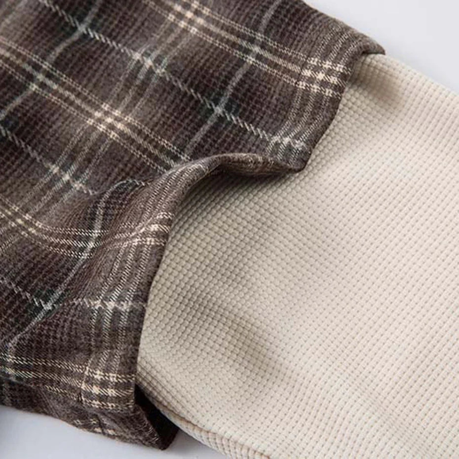 "Minutes" Plaid Mock Two Piece Long Sleeve Button Up Shirt Top — vista completa