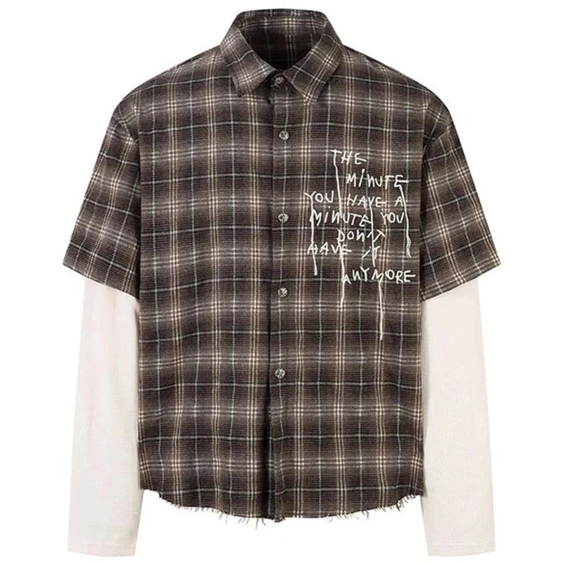 "Minutes" Plaid Mock Two Piece Long Sleeve Button Up Shirt Top — vista frontale