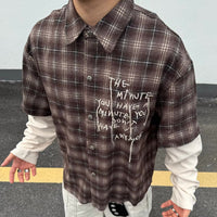 "Minutes" Plaid Mock Two Piece Long Sleeve Button Up Shirt Top — vista posteriore