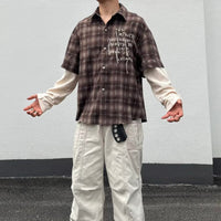 "Minutes" Plaid Mock Two Piece Long Sleeve Button Up Shirt Top — dettaglio