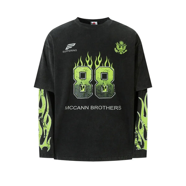 Mock Layered Flame Graphic Long Sleeve Top — vista frontale