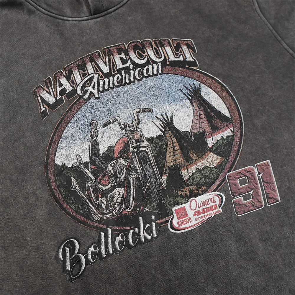 Motorcycle Graphic Print Distressed Baggy Hoodie — dettaglio della stampa
