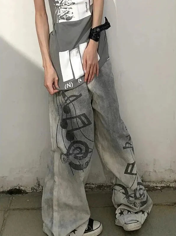 Music and Melodies Washed Grey Graphic Baggy Jeans — vista posteriore