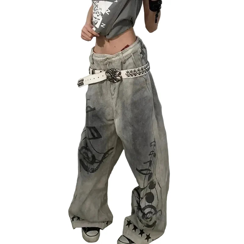 Music and Melodies Washed Grey Graphic Baggy Jeans — vista frontale