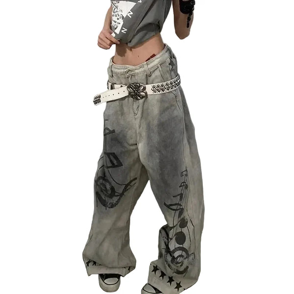 Music and Melodies Washed Grey Graphic Baggy Jeans — vista frontale