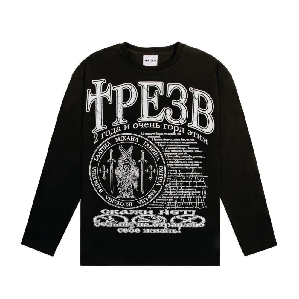 Oversized Gothic Graphic Long Sleeve Top — vista completa