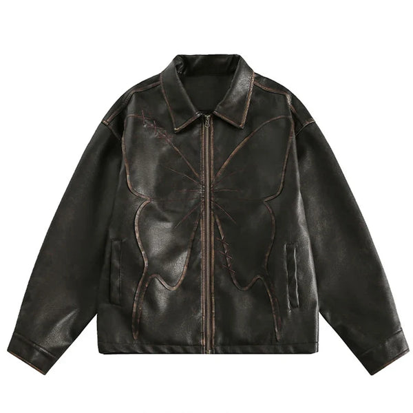 Oversized Patchwork Butterfly Faux Leather Jacket — vista frontale