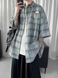 Oversized Plaid Short Sleeve Flannel Button Up Shirt — vista posteriore