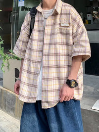 Oversized Plaid Short Sleeve Flannel Button Up Shirt — dettaglio