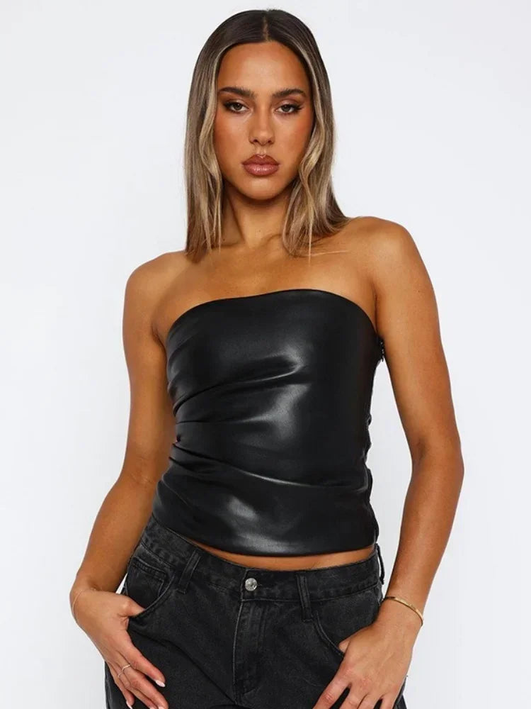 PU Leather Shiny Strapless Bandeau Tube Top — dettaglio