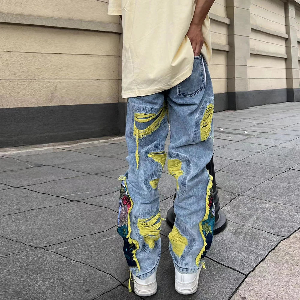 Painting Embroidered Denim Ripped Distressed Jeans — dettaglio della stampa