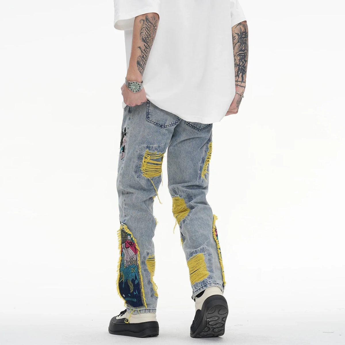 Painting Embroidered Denim Ripped Distressed Jeans — vista laterale