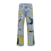 Painting Embroidered Denim Ripped Distressed Jeans — vista frontale