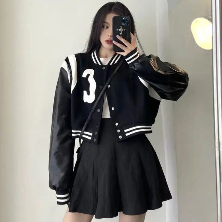 Patchwork PU Leather Black Varsity Jacket — vista frontale