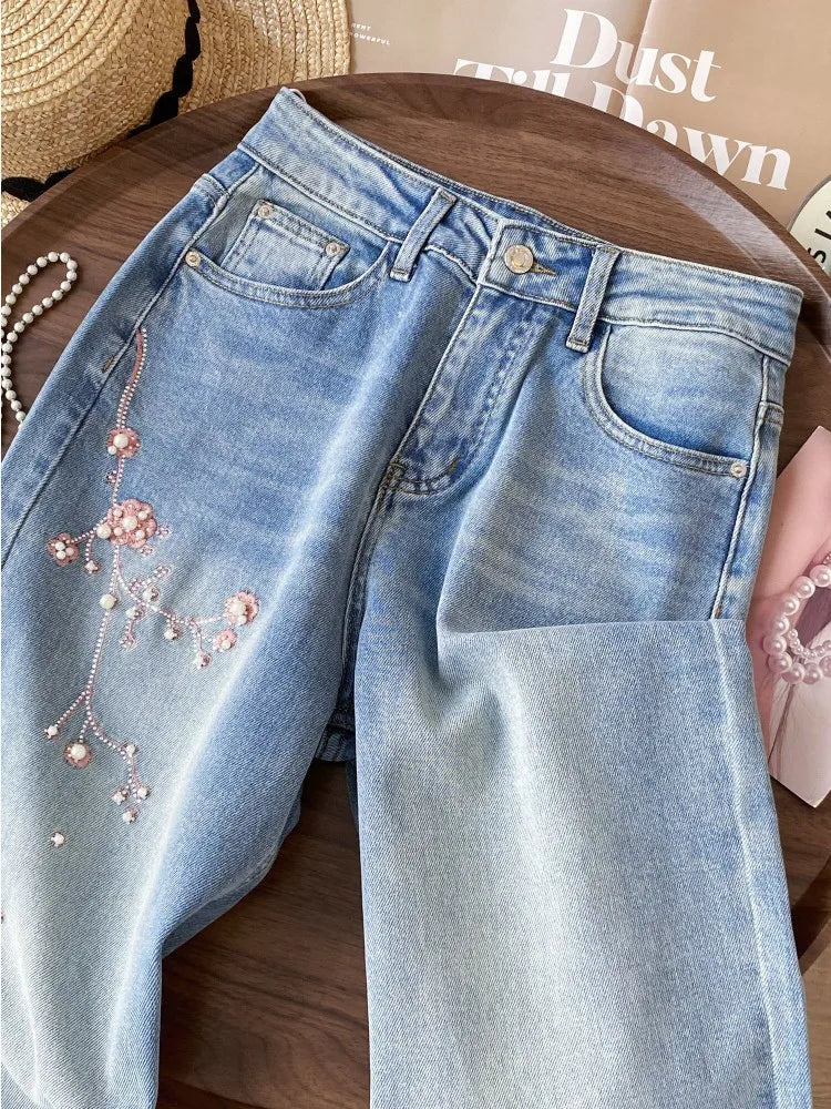 Pink Floral Embroidered Rhinestone Denim Jeans — dettaglio