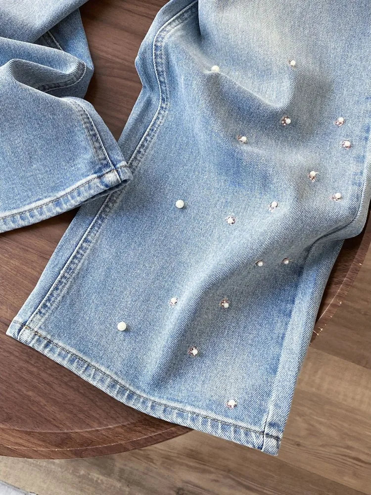 Pink Floral Embroidered Rhinestone Denim Jeans — vista laterale