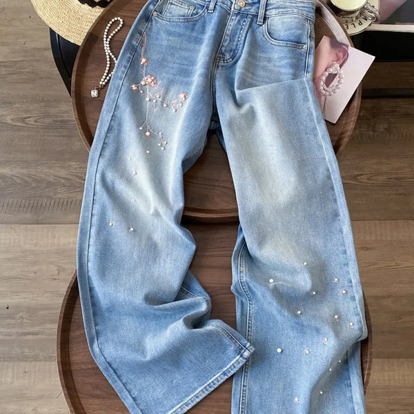Pink Floral Embroidered Rhinestone Denim Jeans — vista frontale