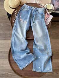 Pink Floral Embroidered Rhinestone Denim Jeans — vista posteriore