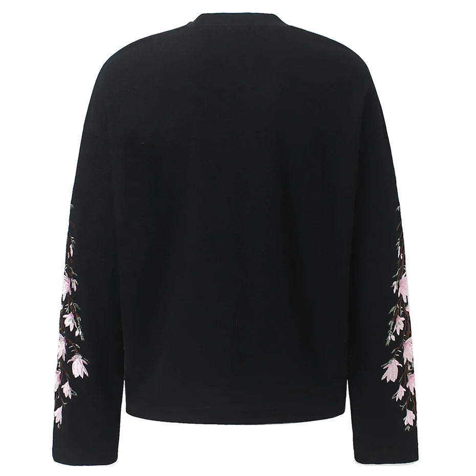 Pink Flower Embroidered Sleeves Long Sleeve Top — dettaglio