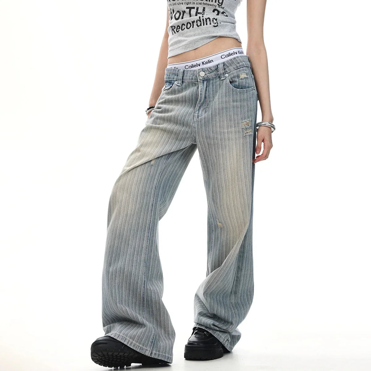 Pinstripe Micro Flared Distressed Jeans — vista frontale