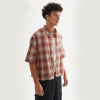 Plaid Cropped Short Sleeve Button Down Shirt — vista completa