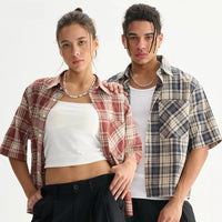 Plaid Cropped Short Sleeve Button Down Shirt — dettaglio