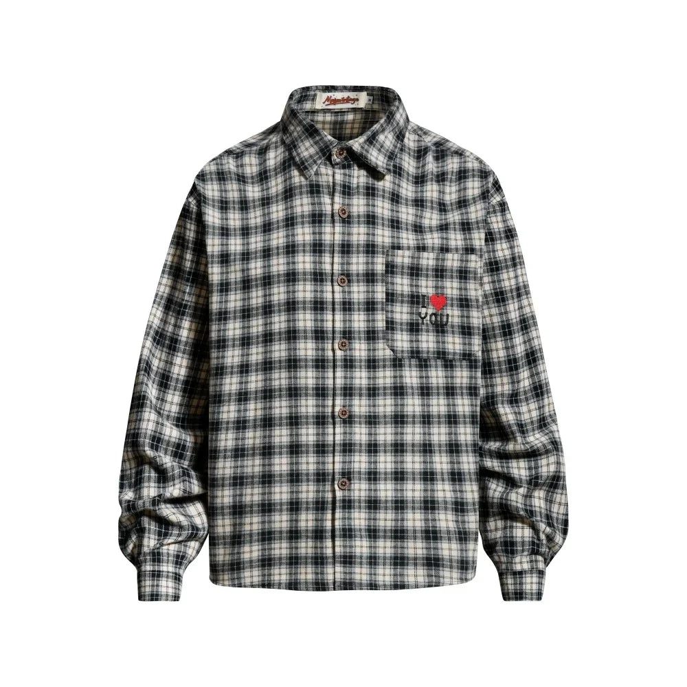 Plaid "I Love You" Embroidered Long Sleeve Shirt — vista frontale