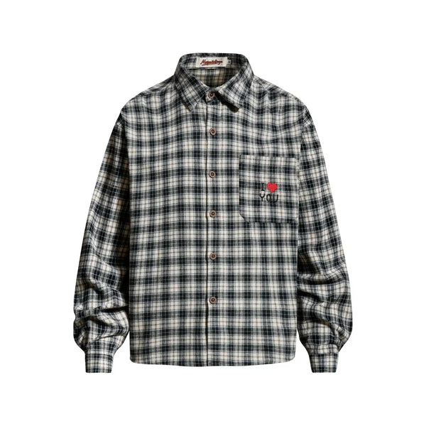 Plaid "I Love You" Embroidered Long Sleeve Shirt — vista frontale