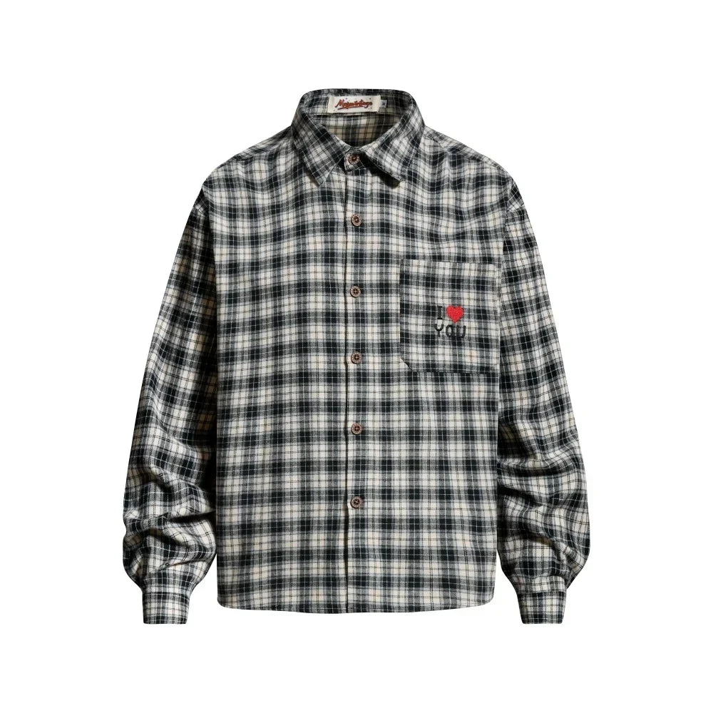 Plaid "I Love You" Embroidered Long Sleeve Shirt — vista frontale