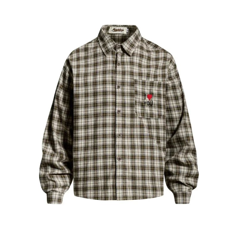 Plaid "I Love You" Embroidered Long Sleeve Shirt — vista posteriore
