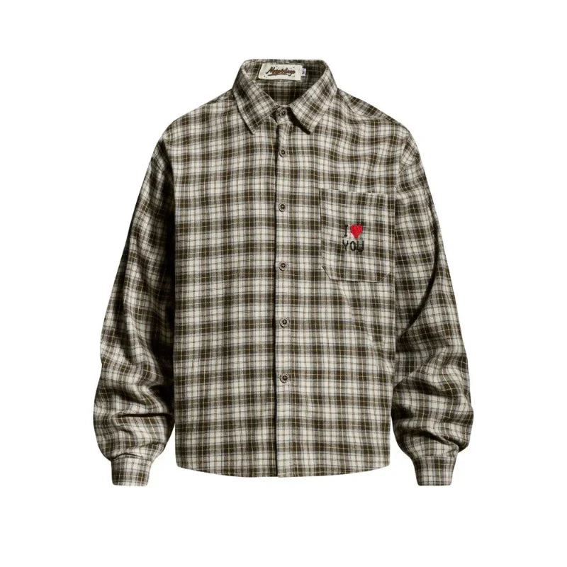 Plaid "I Love You" Embroidered Long Sleeve Shirt — vista posteriore