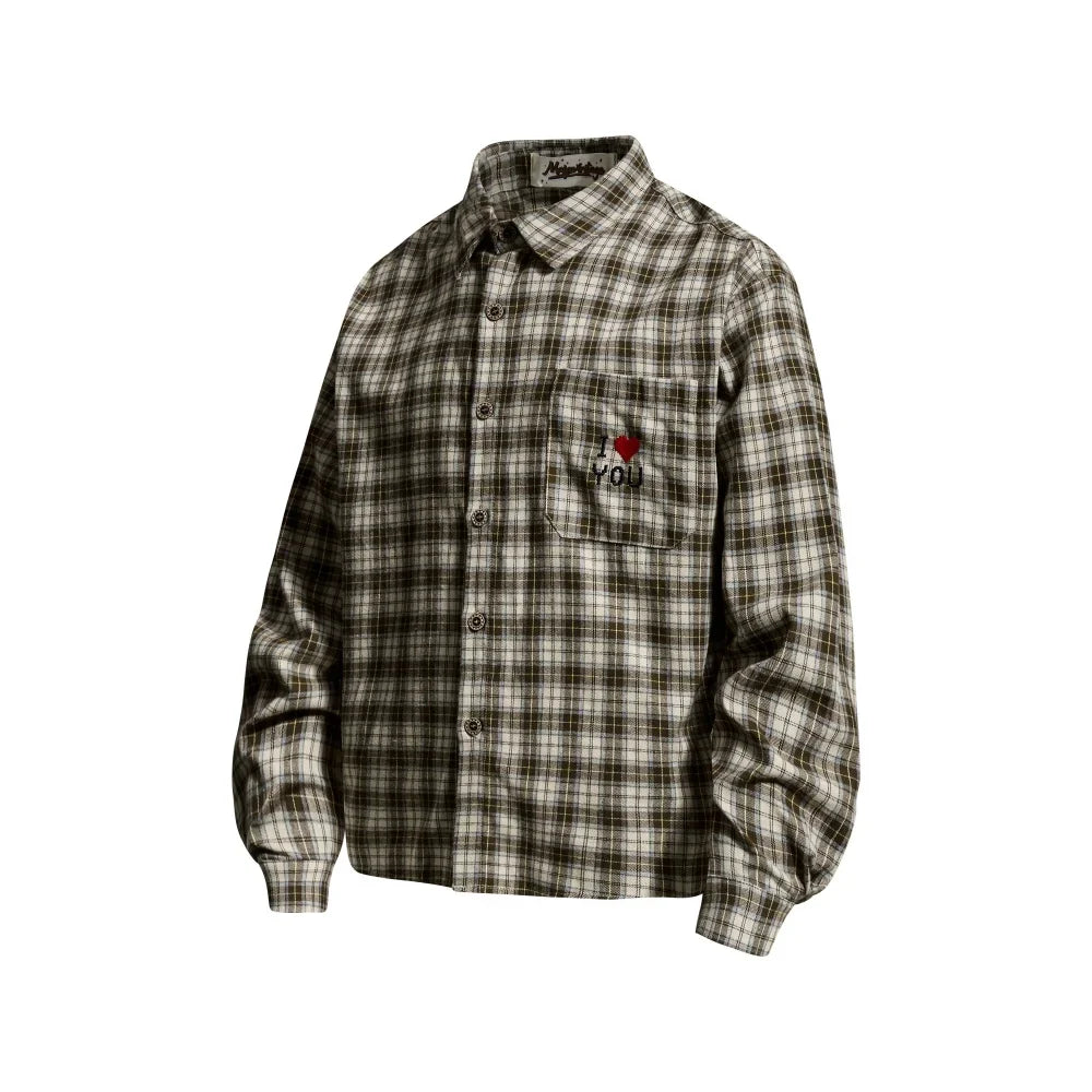 Plaid "I Love You" Embroidered Long Sleeve Shirt — dettaglio