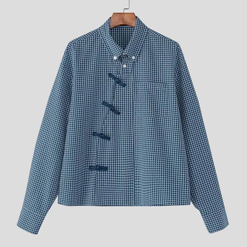 Plaid Long Sleeve Pankou Button Down Shirt — vista frontale