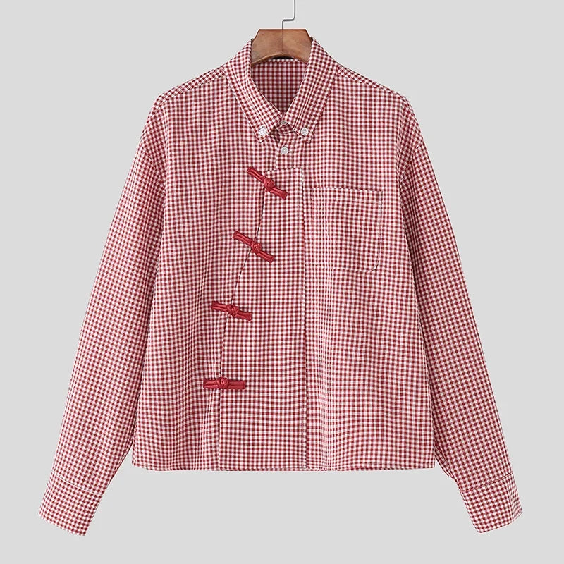 Plaid Long Sleeve Pankou Button Down Shirt — vista posteriore