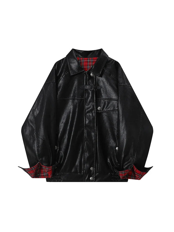Y2K Plaid Patchwork Faux Leather Reversible Jacket