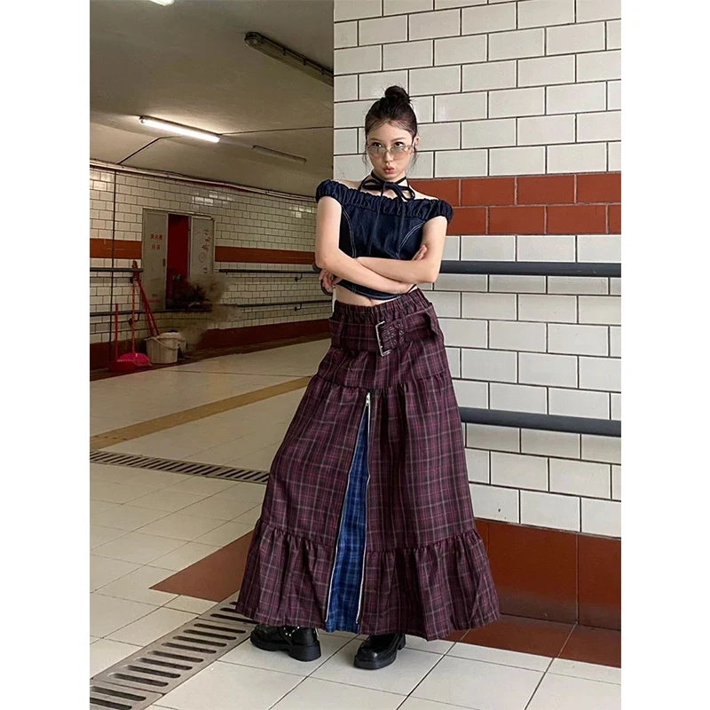 Plaid Patchwork Maxi Skirt — vista laterale